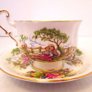 Country love scene of boy & girl,sheep,basket and flowers on Royal Standard bone